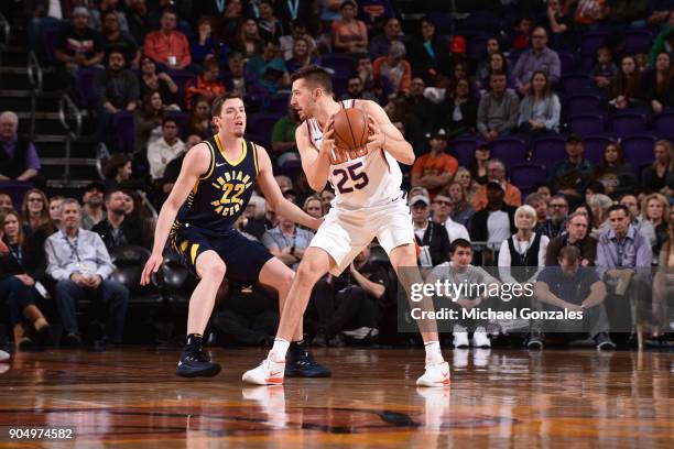 Alec Peters of the Phoenix Suns handles the ball against the Indiana Pacers on January 14, 2018 at Talking Stick Resort Arena in Phoenix, Arizona....