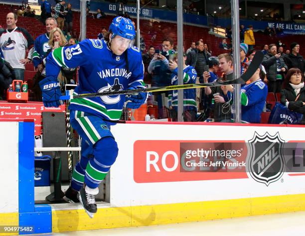 Ben Hutton of the Vancouver Canucks steps onto the ice during their NHL game against the Philadelphia Flyers at Rogers Arena December 7, 2017 in...