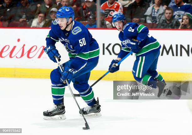 Brendan Gaunce of the Vancouver Canucks skates up ice during their NHL game against the Philadelphia Flyers at Rogers Arena December 7, 2017 in...