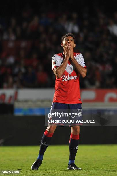 Brazilian player Alan Santos of Veracruz gestures during their Mexican Clausura tournament football match against Monterrey at the Luis Pirata Fuente...