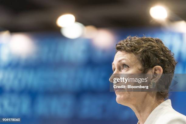 Inga Beale, chief executive officer of Lloyd's of London, listens during a Bloomberg Television interview on the sidelines of the Hong Kong Asian...