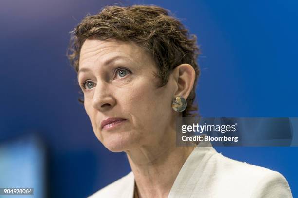 Inga Beale, chief executive officer of Lloyd's of London, listens during a Bloomberg Television interview on the sidelines of the Hong Kong Asian...