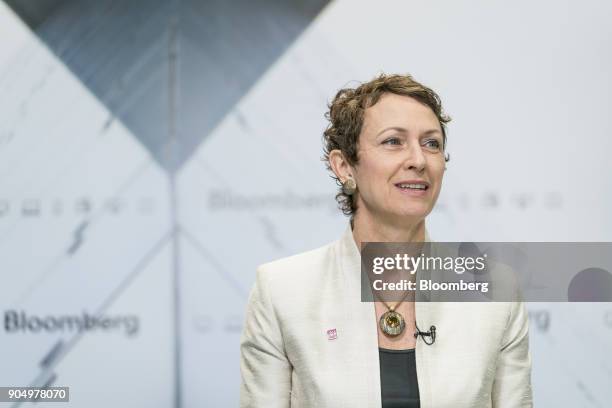 Inga Beale, chief executive officer of Lloyd's of London, speaks during a Bloomberg Television interview on the sidelines of the Hong Kong Asian...