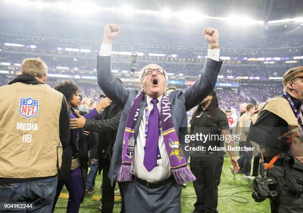 Owner Zygi Wilf of the Minnesota Vikings celebrates after the NFC Divisional Playoff game against the New Orleans Saints on January 14, 2018 at U.S....