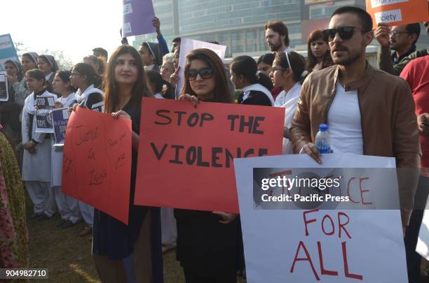 Pakistani Activists of Cecil Chaudhry and Iris Foundation holding placards chant slogans to protest the rape and murder of seven year old Zainab...