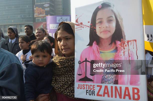 Pakistani Activists of Cecil Chaudhry and Iris Foundation holding placards chant slogans to protest the rape and murder of seven year old Zainab...