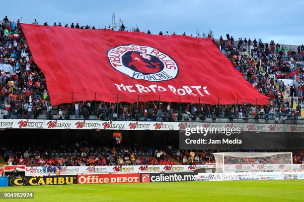 Fans of Veracruz display a flag prior to the second round match between Veracruz and Monterrey as part of Torneo Clausura 2018 Liga MX at Luis...