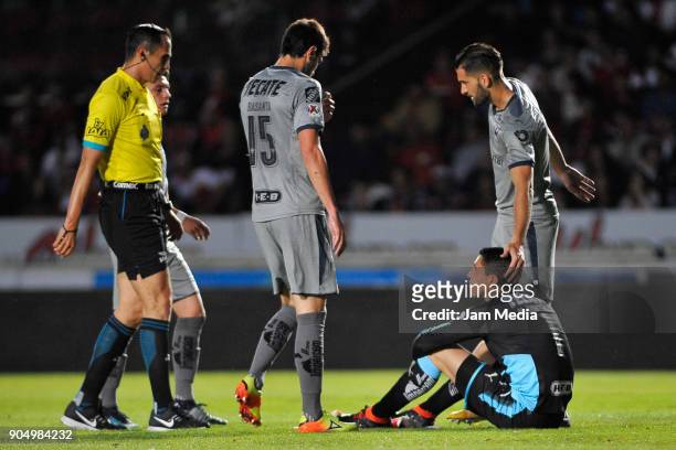 Hugo Gonzalez goalkeeper of Monterrey lies on the ground after being injured during the second round match between Veracruz and Monterrey as part of...