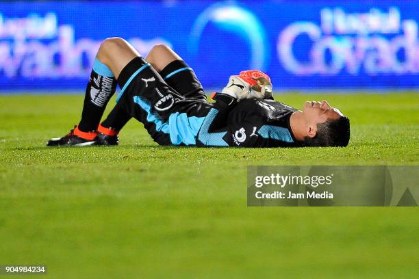 Hugo Gonzalez goalkeeper of Monterrey reacts after being injured during the second round match between Veracruz and Monterrey as part of Torneo...