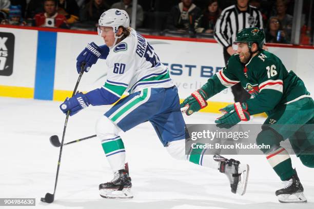 Markus Granlund of the Vancouver Canucks skates with the puck while being defended by Jason Zucker of the Minnesota Wild at the Xcel Energy Center on...