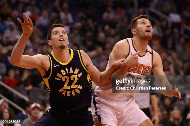 Leaf of the Indiana Pacers attempts to box out Alec Peters of the Phoenix Suns during the second half of the NBA game at Talking Stick Resort Arena...