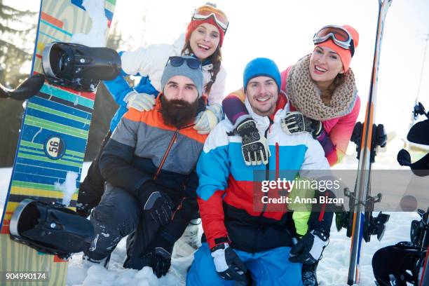 snowboarders friends in front of the camera. zakopane, poland - anna bergman stockfoto's en -beelden