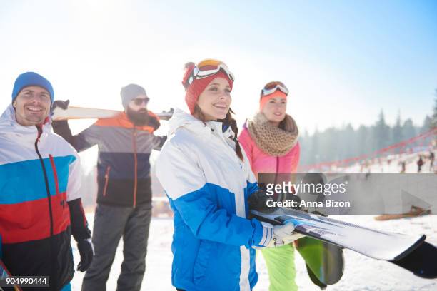 friends on ski holiday in mountains. zakopane, poland - anna bergman stockfoto's en -beelden