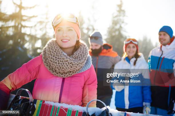 healthy lifestyle image of happy snowboarders. zakopane, poland - anna bergman stockfoto's en -beelden