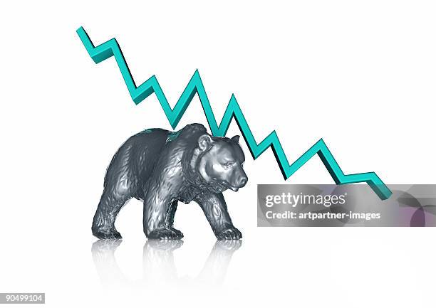 bear and falling stock chart - börsenbaisse stock-fotos und bilder