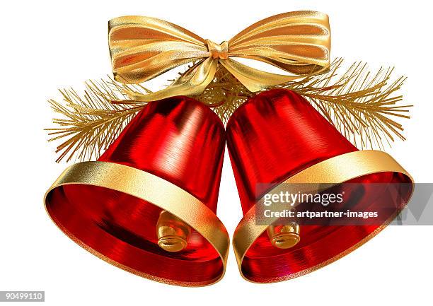 red christmas bells on white background - christmas decoration stock-fotos und bilder