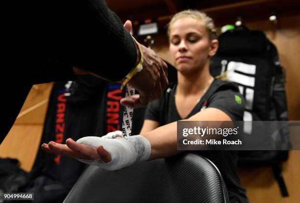 Paige VanZant gets her hands wrapped backstage during the UFC Fight Night event inside the Scottrade Center on January 14, 2018 in St. Louis,...