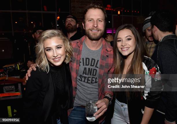 Maddie Marlow and Tae Dye of Maddie & Tae and Dierks Bentley attend the Nashville Opening of Dierks Bentley's Whiskey Row on January 14, 2018 in...