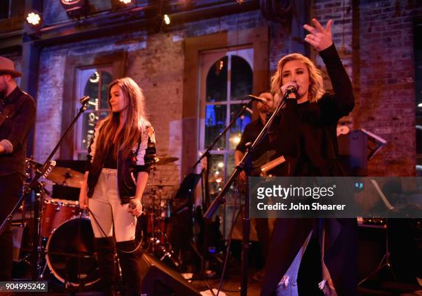 Tae Dye and Maddie Marlow of Maddie & Tae perform onstage during the Nashville Opening of Dierks Bentley's Whiskey Row on January 14, 2018 in...