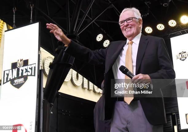 Vegas Golden Knights Chairman, CEO and Governor Bill Foley waves to the crowd during the Vegas Golden Knights Fan Fest at the Fremont Street...