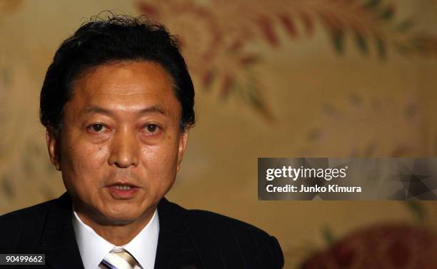 Democratic Party of Japan president and incoming Prime Minister Yukio Hatoyama speaks during a press conference at the Diet building on September 9,...