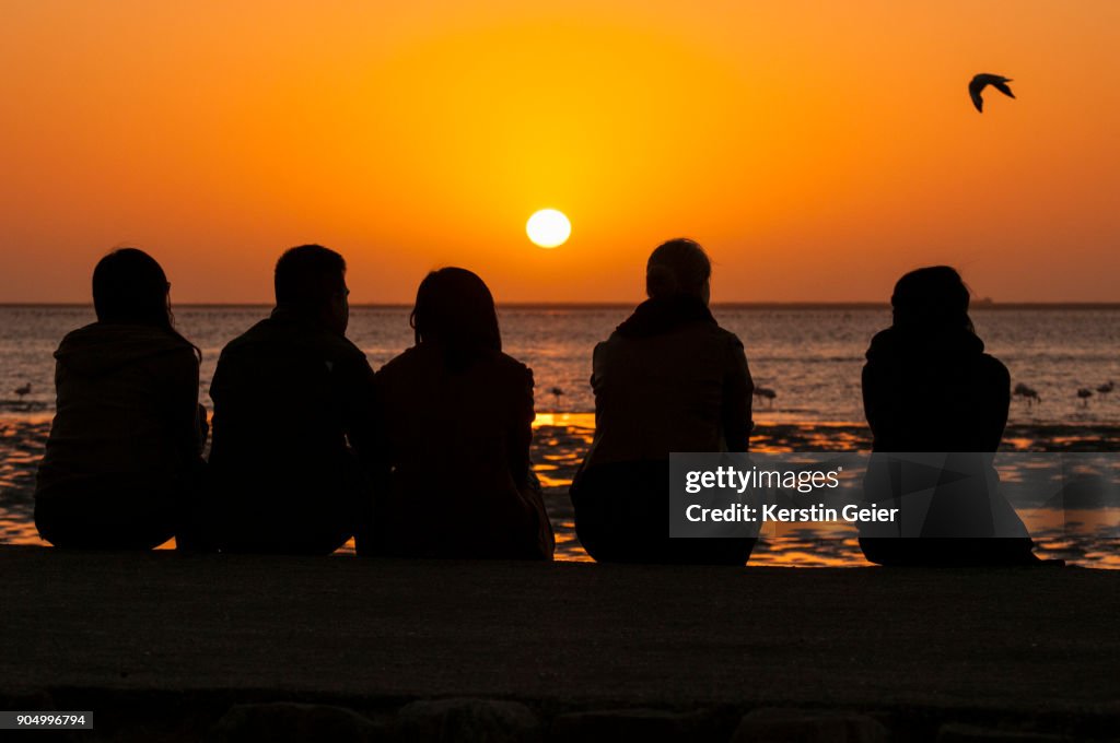 Sunset silhouette of people watching ocean, flamingos and sun going down. Swakopmund, Namibia