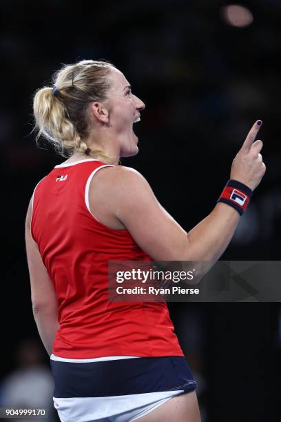 Timea Babos of Hungary celebrates winning a point in her first round match against CoCo Vandeweghe of the United States on day one of the 2018...