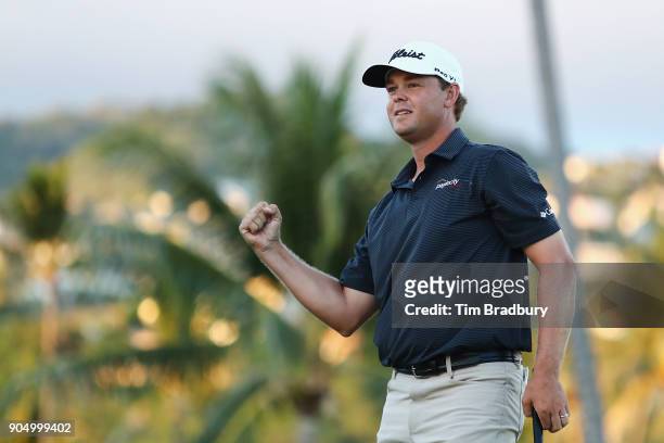 Patton Kizzire of the United States reacts after making a par putt on the sixth playoff hole to defeat James Hahn and win the Sony Open In Hawaii at...