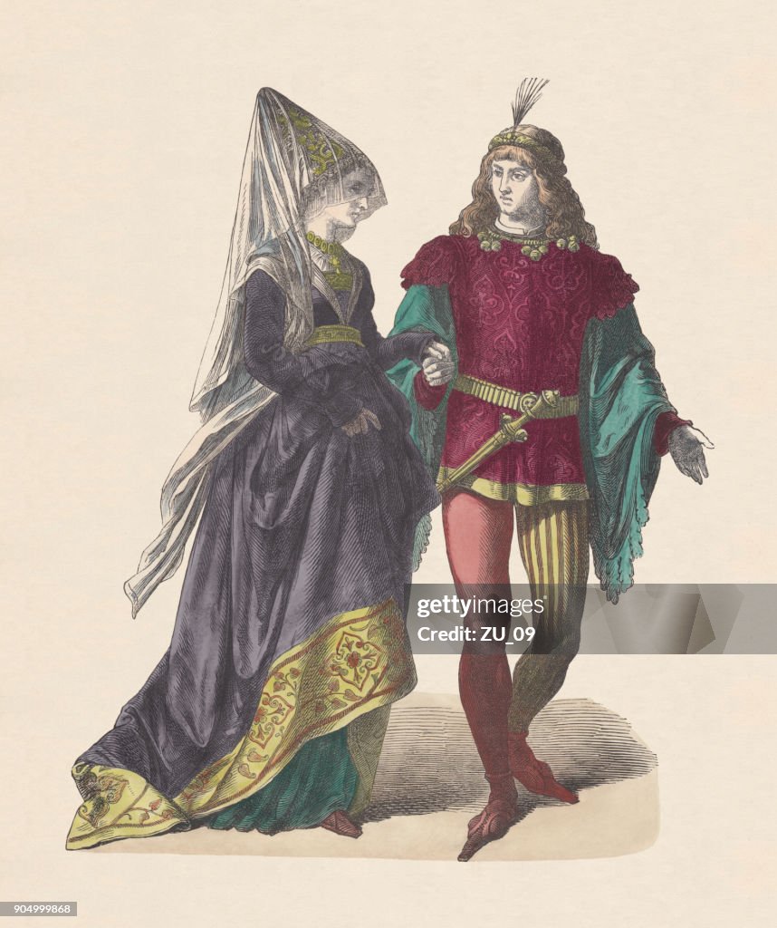 Costume de Cour de Bourgogne, au début du XVe siècle, gravure sur bois coloriée à la main publié c.1880
