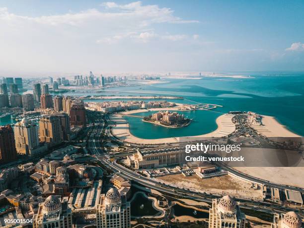 the pearl of doha in qatar aerial view - pearl district stock pictures, royalty-free photos & images