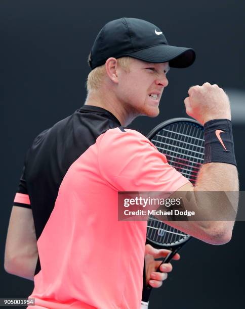 Kyle Edmund of Great Britain celebrates winning a point in his first round match against Kevin Anderson of South Africa on day one of the 2018...