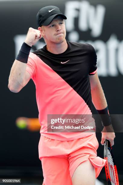 Kyle Edmund of Great Britain celebrates winning a point in his first round match against Kevin Anderson of South Africa on day one of the 2018...