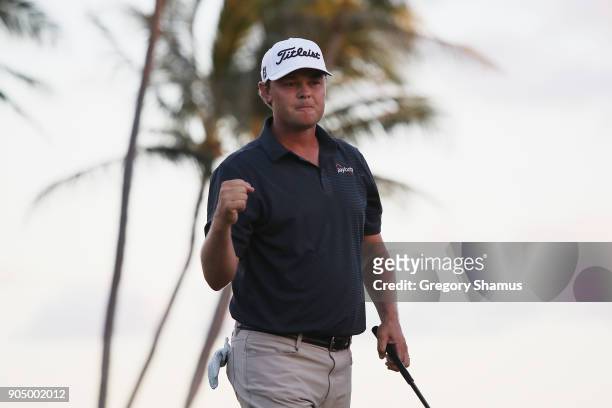 Patton Kizzire of the United States reacts after making a par putt on the sixth playoff hole to defeat James Hahn and win the Sony Open In Hawaii at...