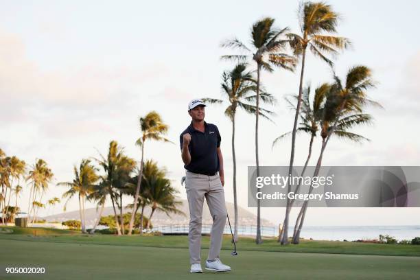 Patton Kizzire of the United States reacts after making a par putt on the sixth playoff hole to defeat James Hahn and win the Sony Open In Hawaii at...