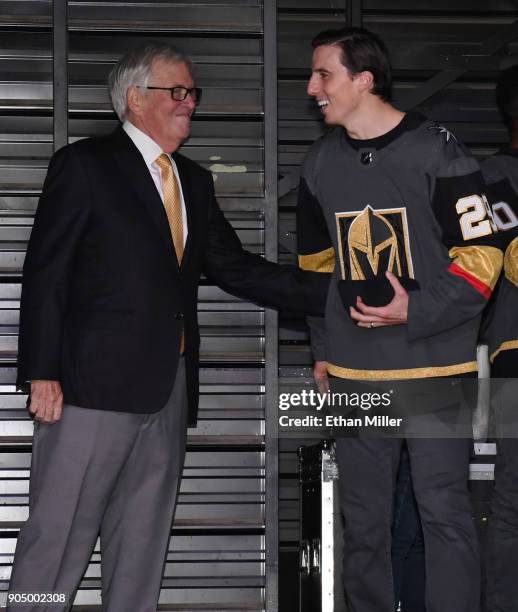Vegas Golden Knights Chairman, CEO and Governor Bill Foley greets Marc-Andre Fleury during the Vegas Golden Knights Fan Fest at the Fremont Street...