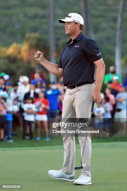 Patton Kizzire of the United States reacts after making a par putt on the sixth playoff hole to defeat James Hahn and win the Sony Open In Hawaii at...