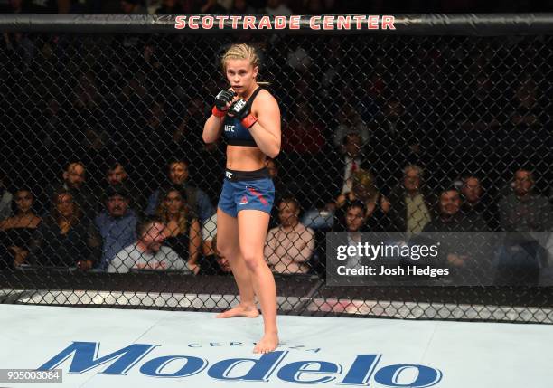 Paige VanZant prepares for the second round to begin while facing Jessica-Rose Clark of Australia in their women's flyweight bout during the UFC...