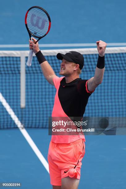 Kyle Edmund of Great Britain celebrates winning his first round match against Kevin Anderson of South Africa on day one of the 2018 Australian Open...