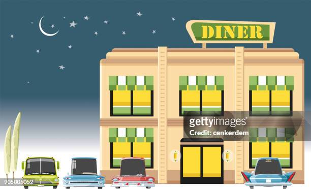 diner and customer cars - motor show stock illustrations