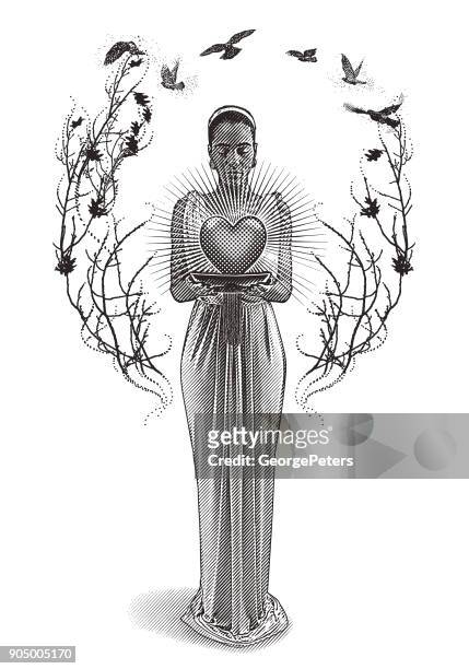 mixed race romance goddess holding glowing heart. - goddess stock illustrations
