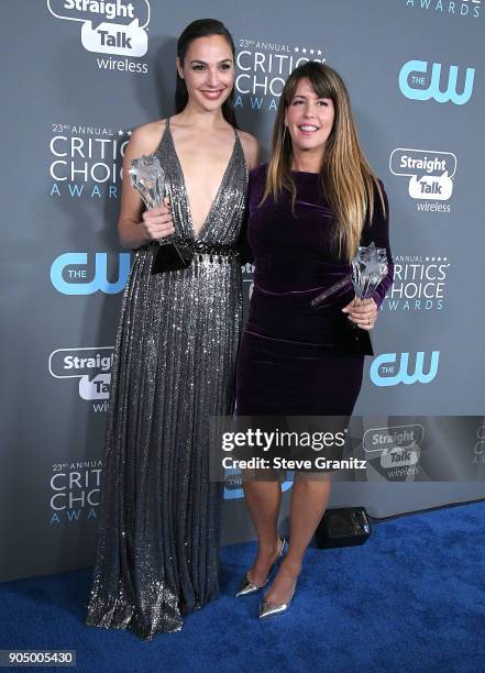 Gal Gadot, Patty Jenkins poses at the The 23rd Annual Critics' Choice Awards at Barker Hangar on January 11, 2018 in Santa Monica, California.