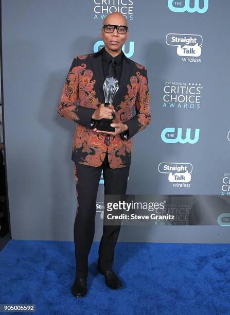 Ru Paul poses at the The 23rd Annual Critics' Choice Awards at Barker Hangar on January 11, 2018 in Santa Monica, California.