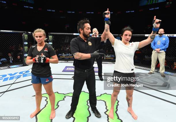 Jessica-Rose Clark of Australia celebrates her victory over Paige VanZant in their women's flyweight bout during the UFC Fight Night event inside the...
