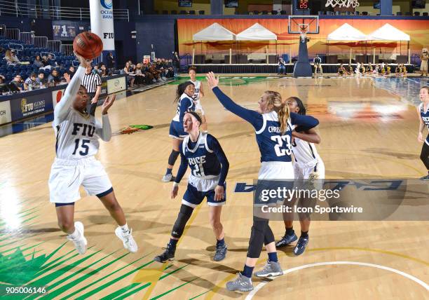 Guard Kristian Hudson shoots during a college basketball game between the Rice University Owls and the Florida International University Panthers on...