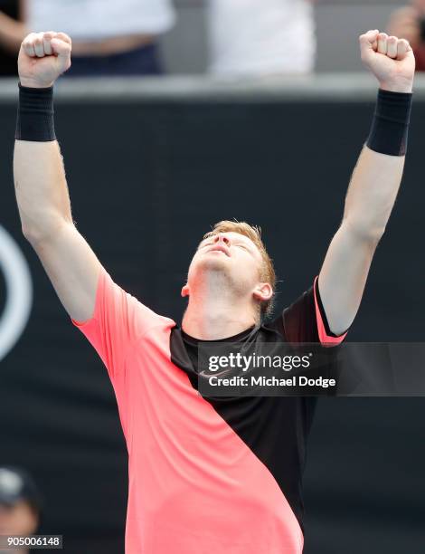 Kyle Edmund of Great Britain celebrates winning his first round match against Kevin Anderson of South Africa on day one of the 2018 Australian Open...