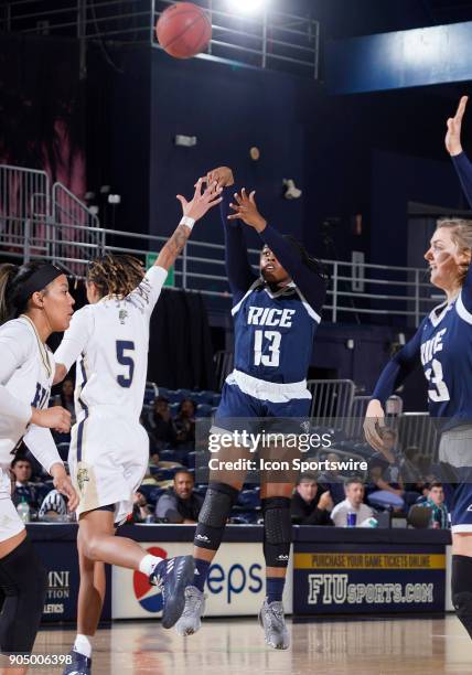 Rice guard Erica Ogwumike shoots during a college basketball game between the Rice University Owls and the Florida International University Panthers...