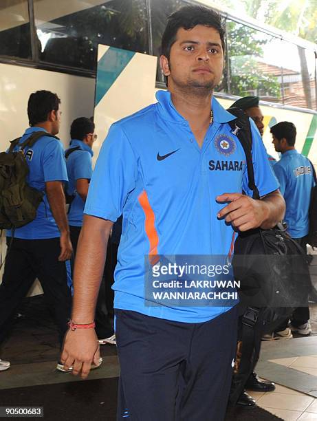 Indian cricketer Suresh Raina arrives with his team in Colombo on September 9, 2009. India, New Zealand and Sri Lanka began a one-day international...