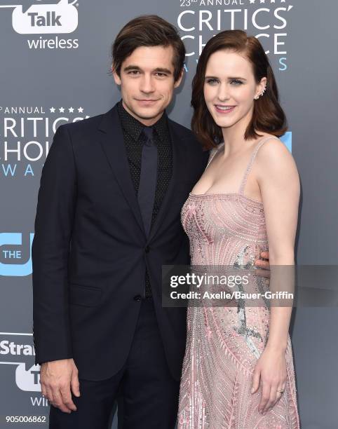 Actors Jason Ralph and Rachel Brosnahan attend the 23rd Annual Critics' Choice Awards at Barker Hangar on January 11, 2018 in Santa Monica,...