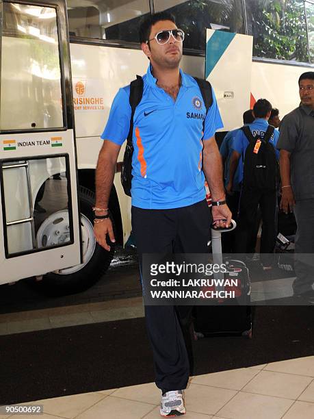 Indian cricketer Yuvraj Singh arrives with his team in Colombo on September 9, 2009. India, New Zealand and Sri Lanka began a one-day international...