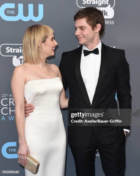 Actors Emma Roberts and Evan Peters attend the 23rd Annual Critics' Choice Awards at Barker Hangar on January 11, 2018 in Santa Monica, California.